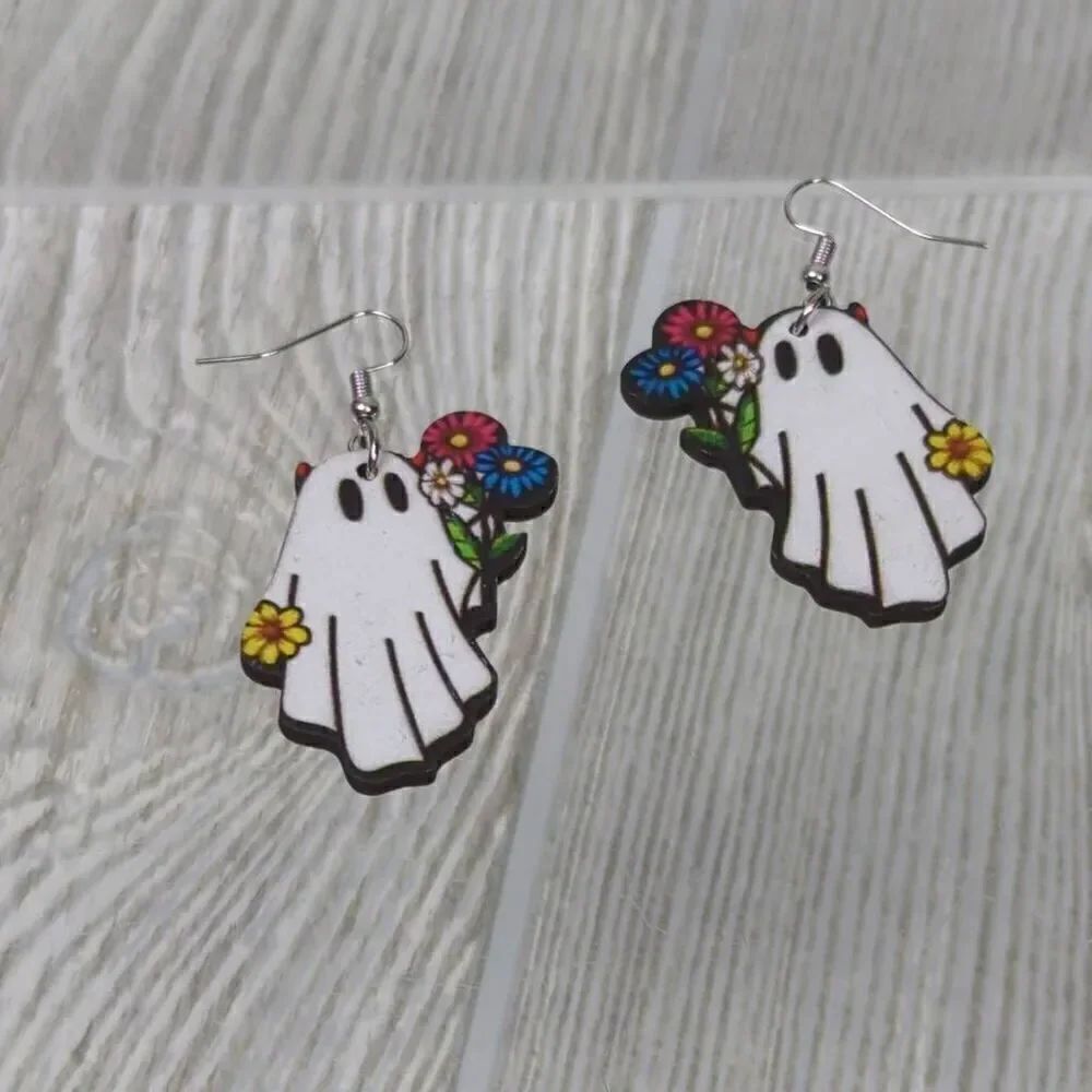 Halloween Spooky Ghost with Flowers Wire Dangle Earrings White 1.5"